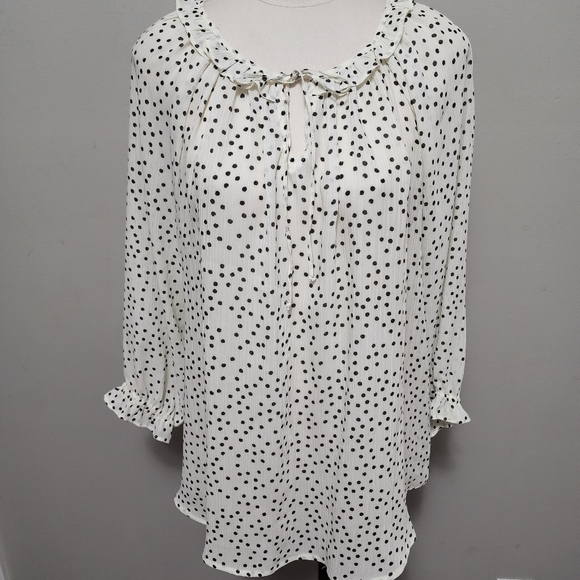 Chaps white polka dot ruffle semi sheer chiffon blouse size large - Picture 2 of 8